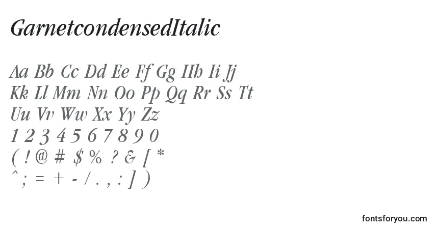 A fonte GarnetcondensedItalic – alfabeto, números, caracteres especiais