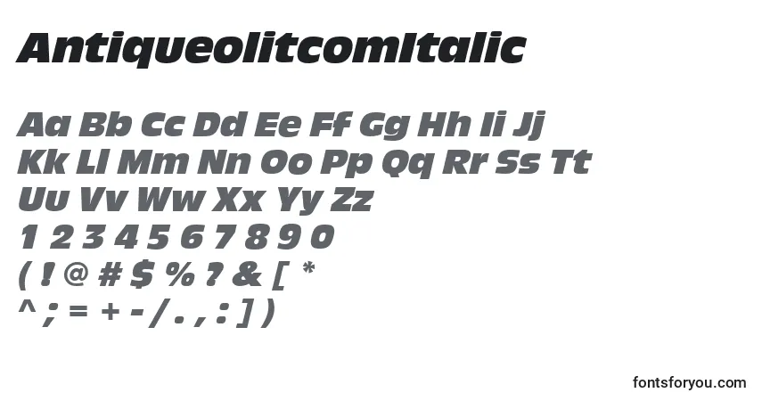 Czcionka AntiqueolitcomItalic – alfabet, cyfry, specjalne znaki