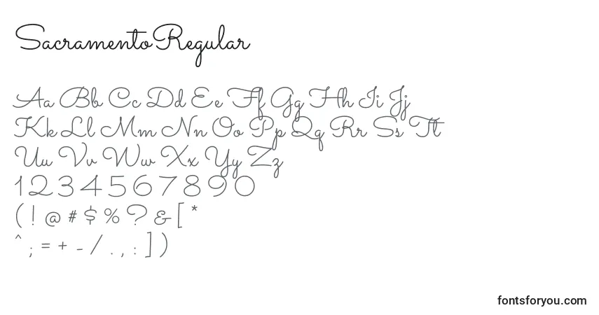 Czcionka SacramentoRegular – alfabet, cyfry, specjalne znaki