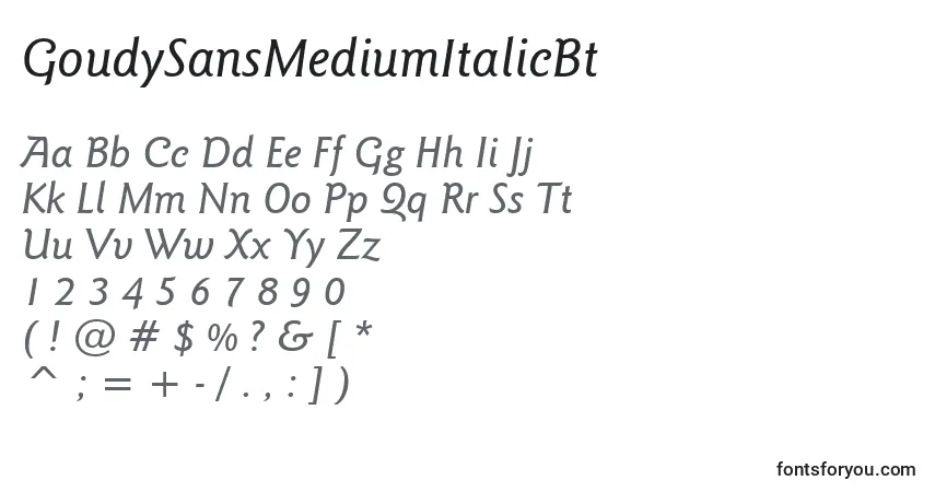 Czcionka GoudySansMediumItalicBt – alfabet, cyfry, specjalne znaki