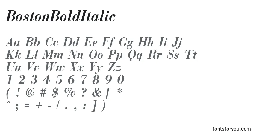 Schriftart BostonBoldItalic – Alphabet, Zahlen, spezielle Symbole