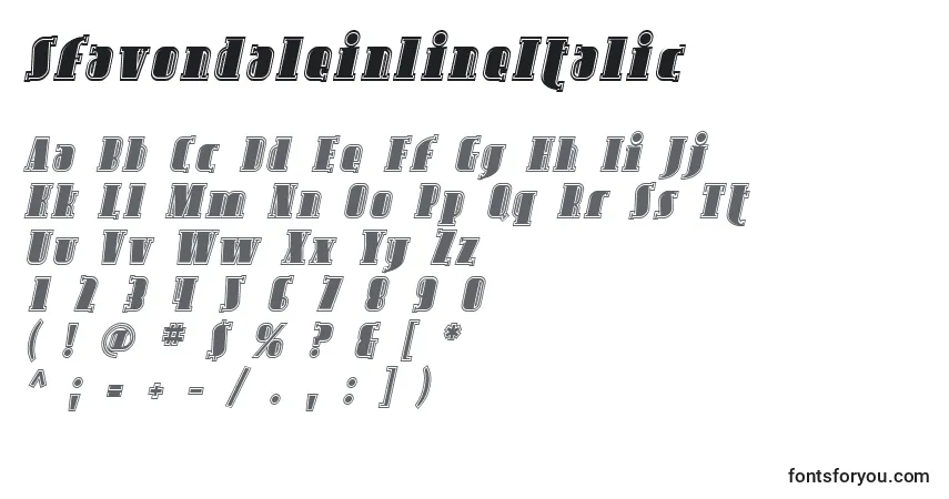 Шрифт SfavondaleinlineItalic – алфавит, цифры, специальные символы