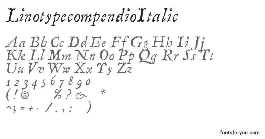 A fonte LinotypecompendioItalic – alfabeto, números, caracteres especiais