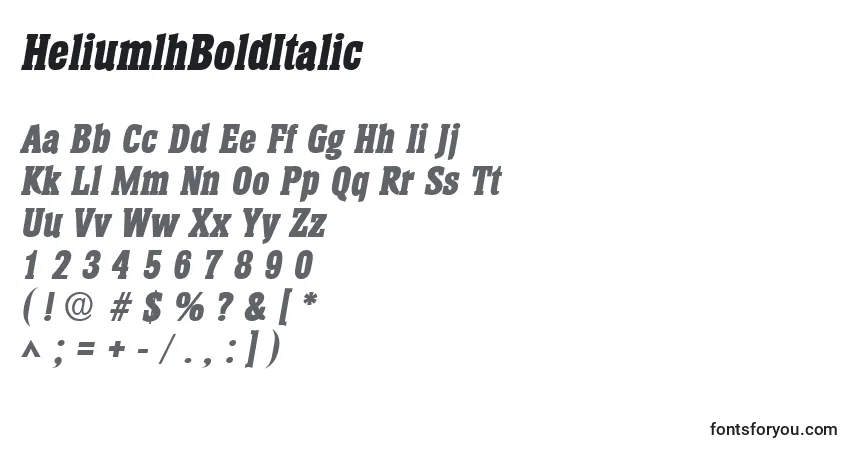A fonte HeliumlhBoldItalic – alfabeto, números, caracteres especiais