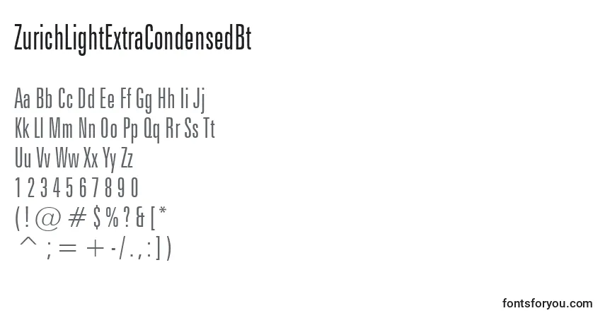 Шрифт ZurichLightExtraCondensedBt – алфавит, цифры, специальные символы