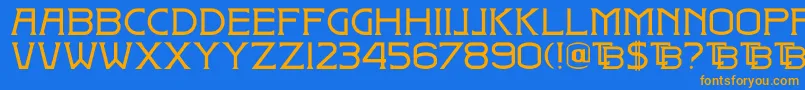 フォントDkBadehaus – オレンジ色の文字が青い背景にあります。