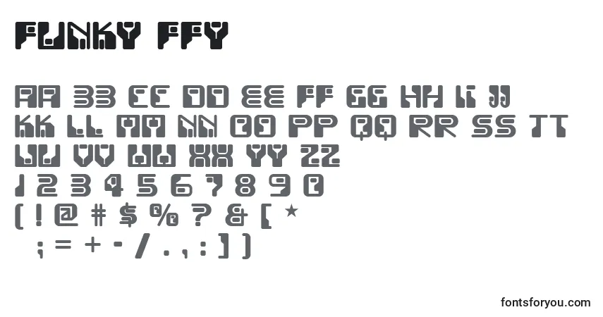 A fonte Funky ffy – alfabeto, números, caracteres especiais