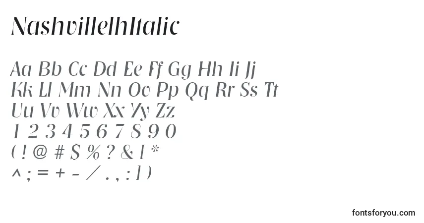 A fonte NashvillelhItalic – alfabeto, números, caracteres especiais
