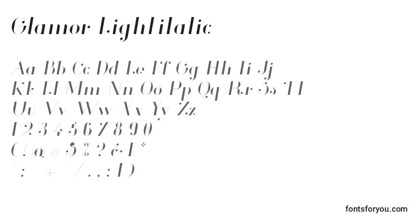 Czcionka Glamor Lightitalic – alfabet, cyfry, specjalne znaki