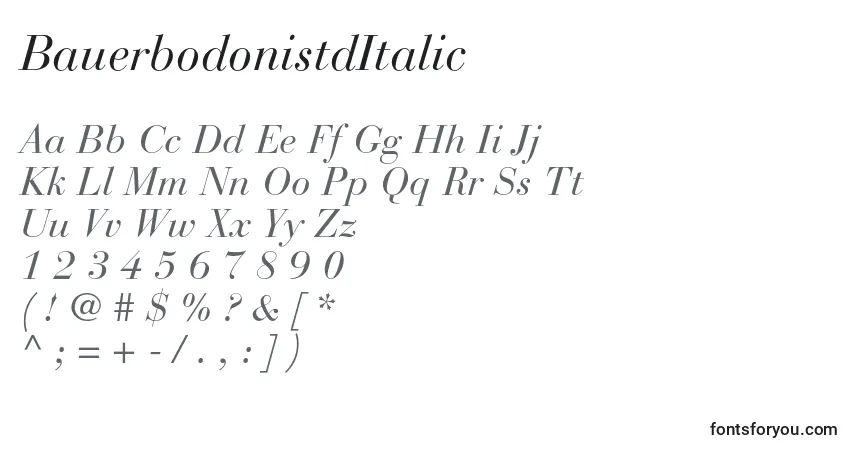 Шрифт BauerbodonistdItalic – алфавит, цифры, специальные символы