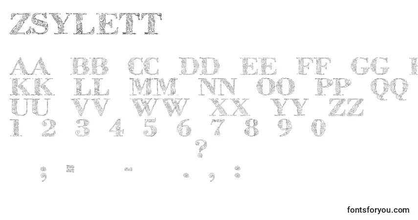 Schriftart Zsylett – Alphabet, Zahlen, spezielle Symbole