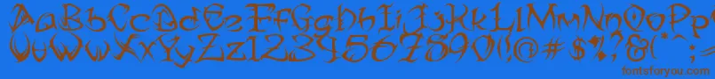 フォントTribtwo ffy – 茶色の文字が青い背景にあります。