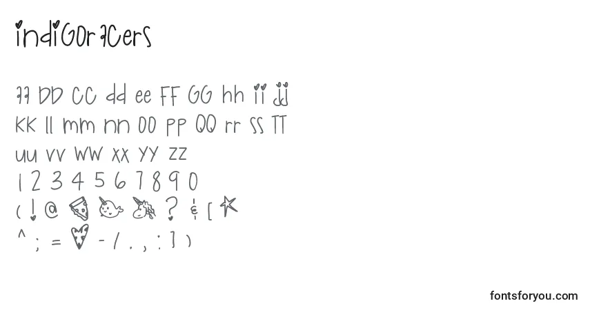 Schriftart Indigoracers – Alphabet, Zahlen, spezielle Symbole