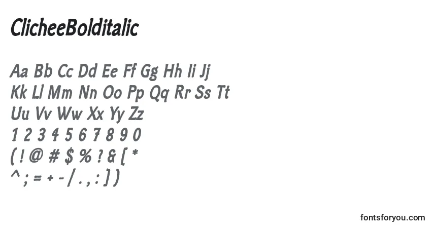 A fonte ClicheeBolditalic – alfabeto, números, caracteres especiais