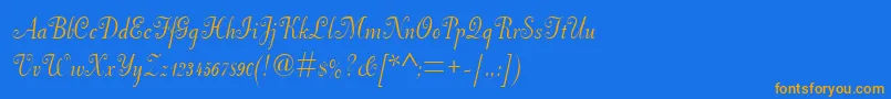 Weitere Informationen zur Pfneuscript-Schriftart Pfneuscript-Schriftart – Orangefarbene Schriften auf blauem Hintergrund