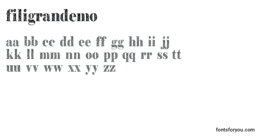 Czcionka Filigrandemo – alfabet, cyfry, specjalne znaki
