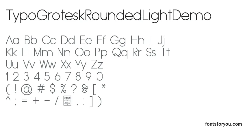 Schriftart TypoGroteskRoundedLightDemo – Alphabet, Zahlen, spezielle Symbole