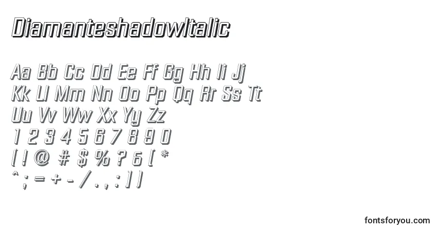 Шрифт DiamanteshadowItalic – алфавит, цифры, специальные символы