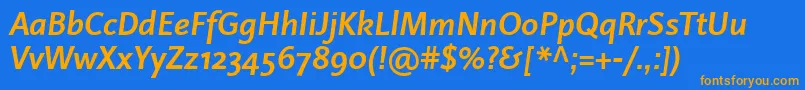LinotypeProjektBoldItalic-Schriftart – Orangefarbene Schriften auf blauem Hintergrund