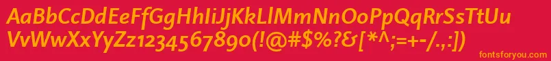 LinotypeProjektBoldItalic-Schriftart – Orangefarbene Schriften auf rotem Hintergrund