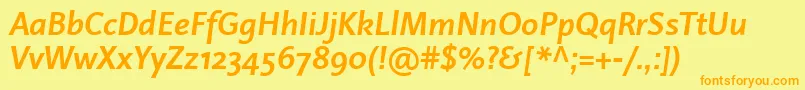 LinotypeProjektBoldItalicフォントについての詳細 フォントLinotypeProjektBoldItalic – オレンジの文字が黄色の背景にあります。