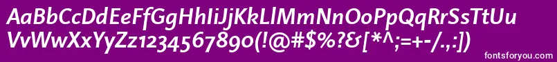 LinotypeProjektBoldItalic-fontti – valkoiset fontit violetilla taustalla
