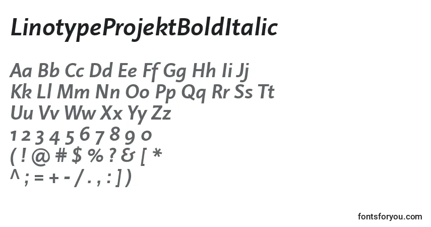 characters of linotypeprojektbolditalic font, letter of linotypeprojektbolditalic font, alphabet of  linotypeprojektbolditalic font