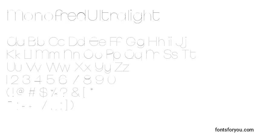 Шрифт MonofredUltralight – алфавит, цифры, специальные символы