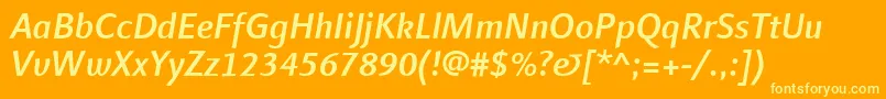LinotypefinneganMediumitalic-fontti – keltaiset fontit oranssilla taustalla