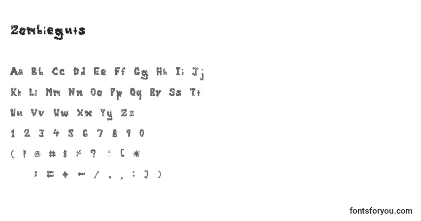 Czcionka Zombieguts – alfabet, cyfry, specjalne znaki