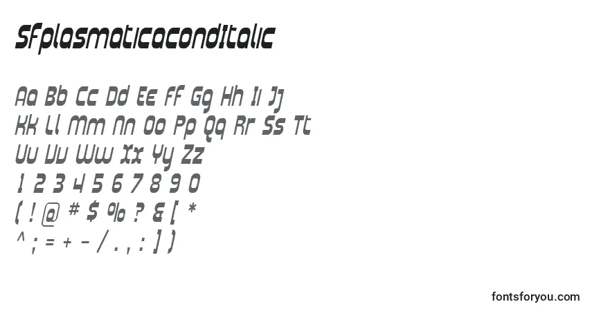 Czcionka SfplasmaticacondItalic – alfabet, cyfry, specjalne znaki