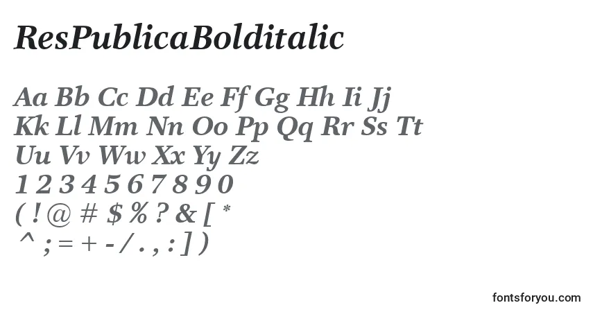 Schriftart ResPublicaBolditalic – Alphabet, Zahlen, spezielle Symbole