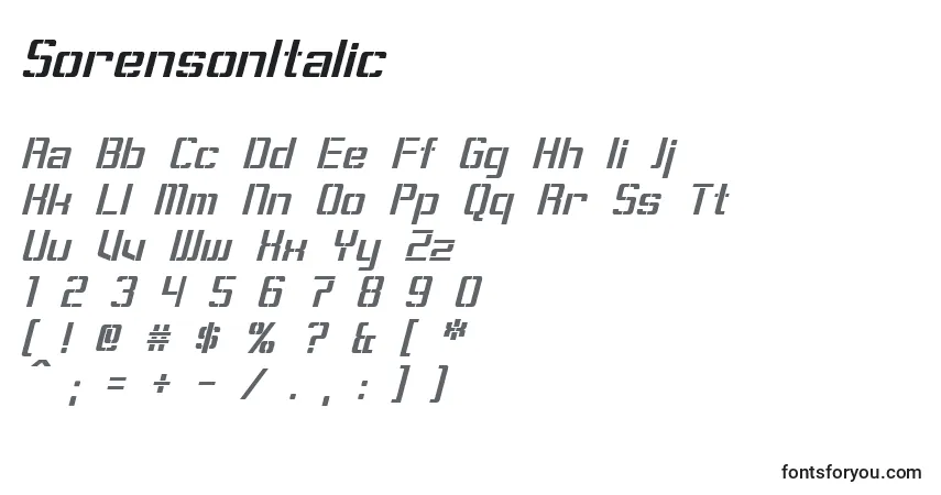 Czcionka SorensonItalic – alfabet, cyfry, specjalne znaki
