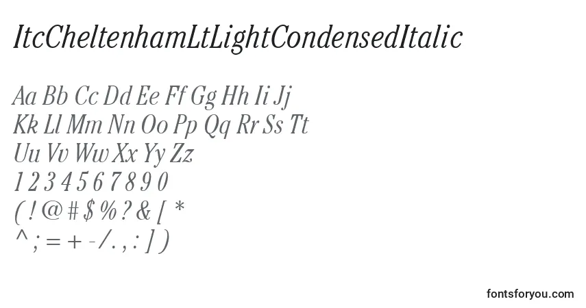 A fonte ItcCheltenhamLtLightCondensedItalic – alfabeto, números, caracteres especiais