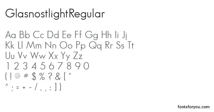 Czcionka GlasnostlightRegular – alfabet, cyfry, specjalne znaki