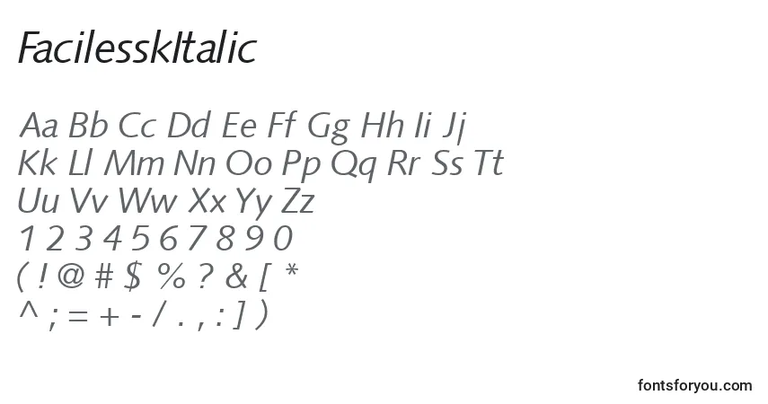 Czcionka FacilesskItalic – alfabet, cyfry, specjalne znaki