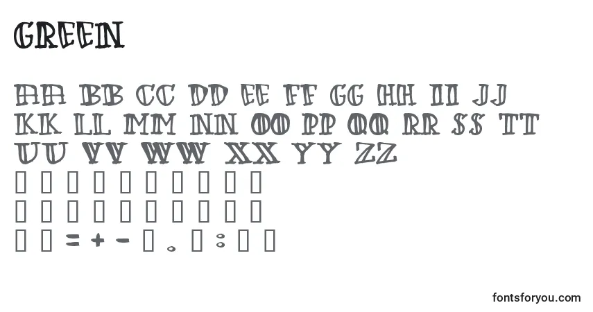 Czcionka Green – alfabet, cyfry, specjalne znaki
