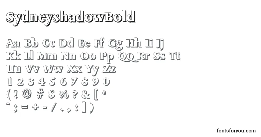 Czcionka SydneyshadowBold – alfabet, cyfry, specjalne znaki