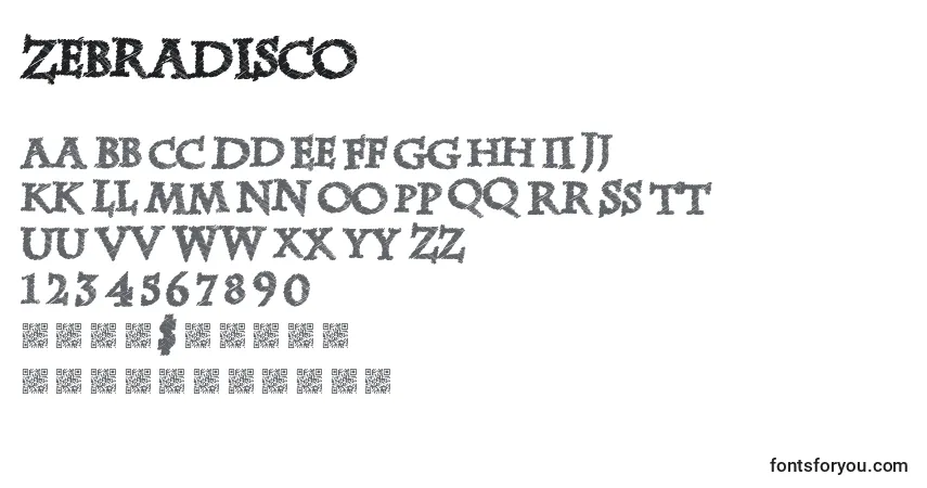 Czcionka Zebradisco – alfabet, cyfry, specjalne znaki