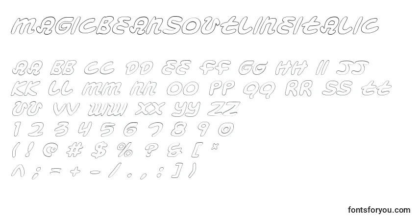Czcionka MagicBeansOutlineItalic – alfabet, cyfry, specjalne znaki