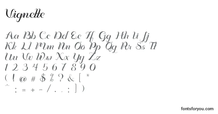 Schriftart Vignette (93450) – Alphabet, Zahlen, spezielle Symbole