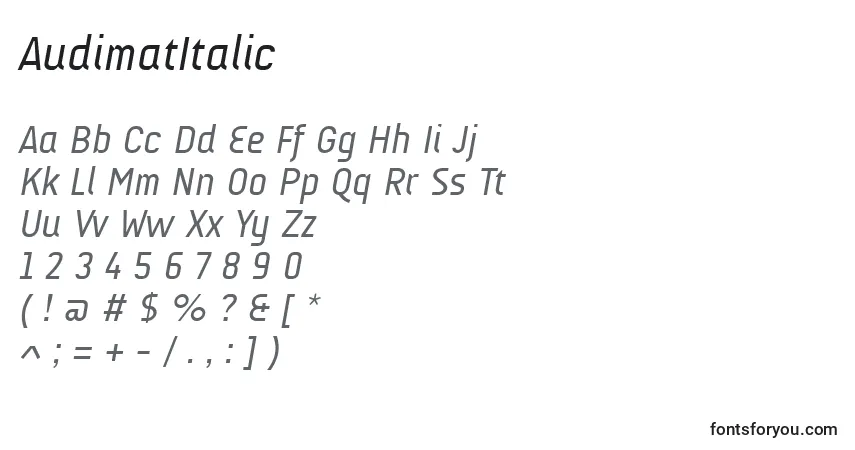 Czcionka AudimatItalic – alfabet, cyfry, specjalne znaki