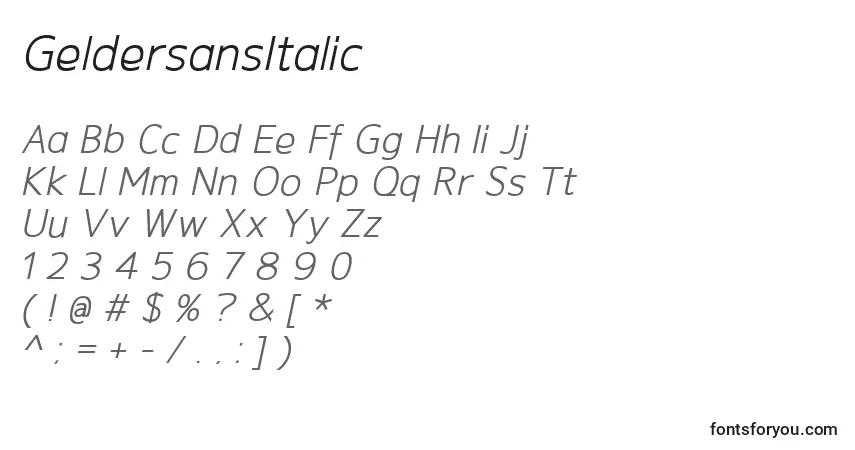 A fonte GeldersansItalic – alfabeto, números, caracteres especiais