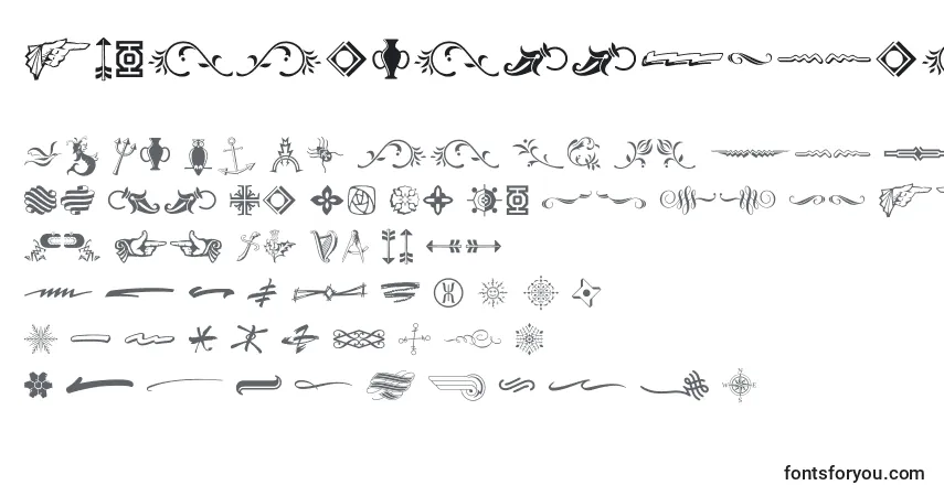 Czcionka TypeEmbellishmentsThreeLetPlain.1.0 – alfabet, cyfry, specjalne znaki