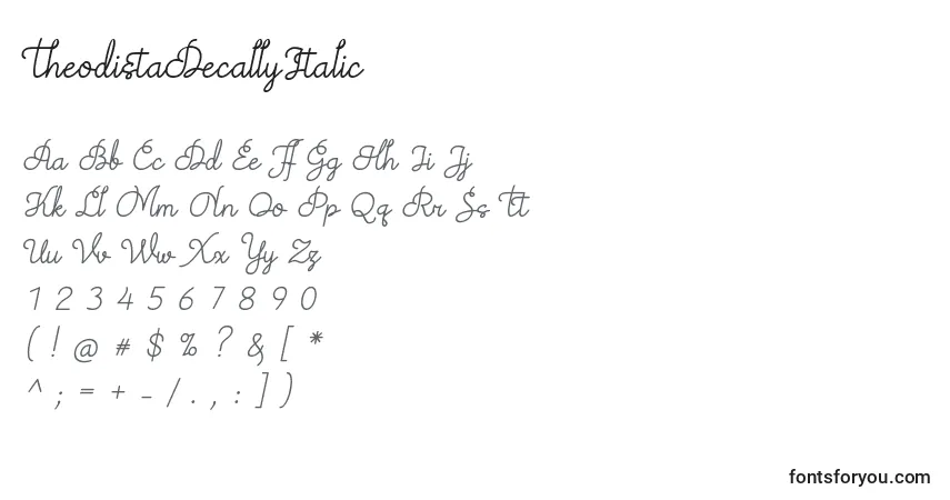 Czcionka TheodistaDecallyItalic – alfabet, cyfry, specjalne znaki