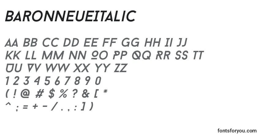 Шрифт BaronNeueItalic – алфавит, цифры, специальные символы