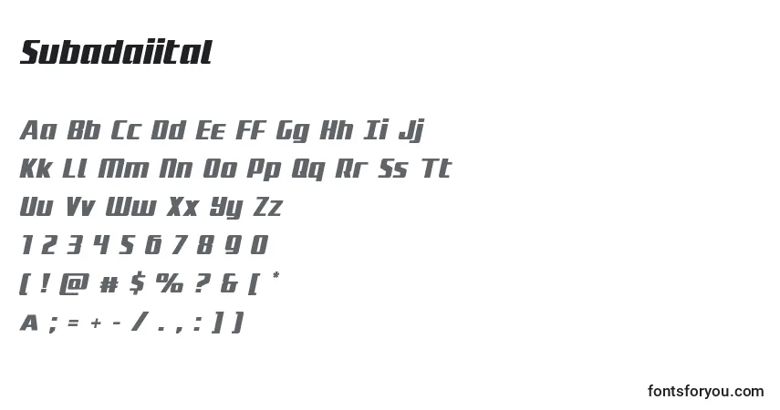 Schriftart Subadaiital – Alphabet, Zahlen, spezielle Symbole