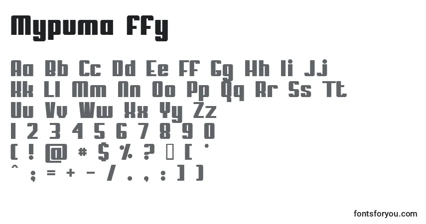 A fonte Mypuma ffy – alfabeto, números, caracteres especiais