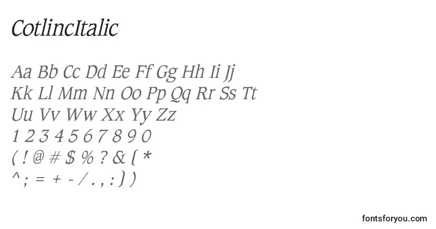 Schriftart CotlincItalic – Alphabet, Zahlen, spezielle Symbole