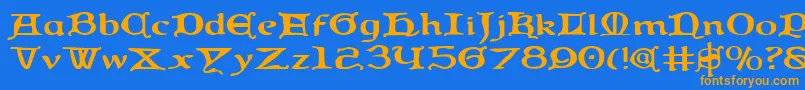 フォントQueencountrye – オレンジ色の文字が青い背景にあります。